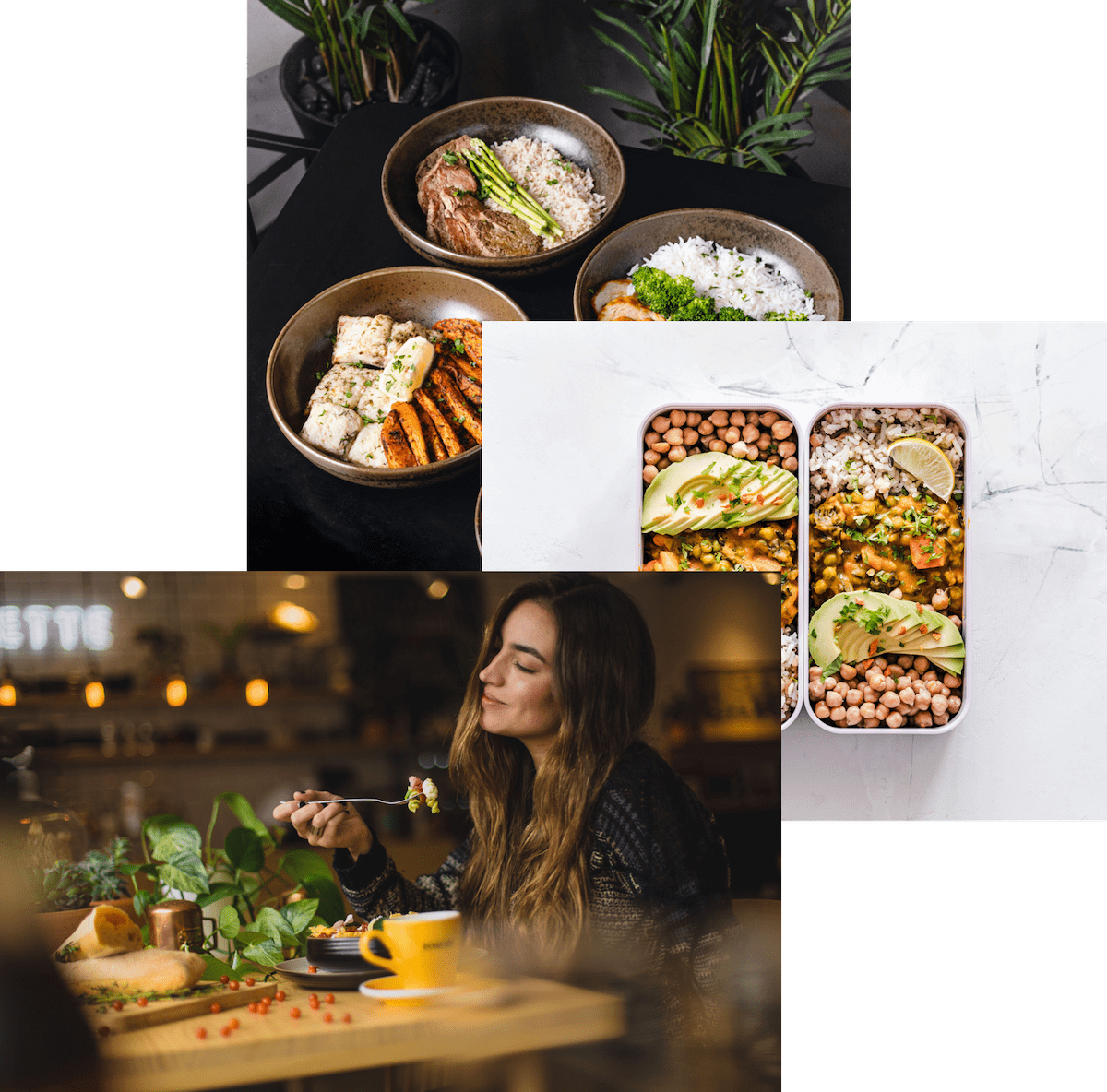 Woman enjoying food, meals in storage container, 
            and food bowls in a table
